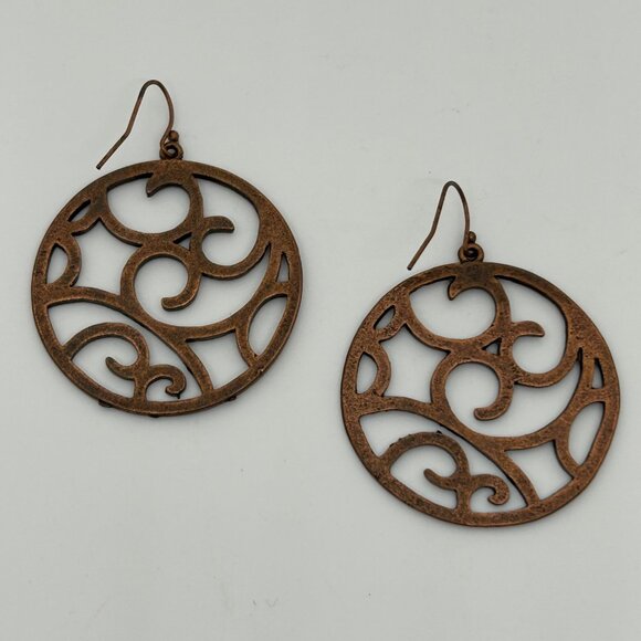 Vintage Copper-Tone Circular Filigree Swirl Earrings With Hook Closure - Picture 14 of 16